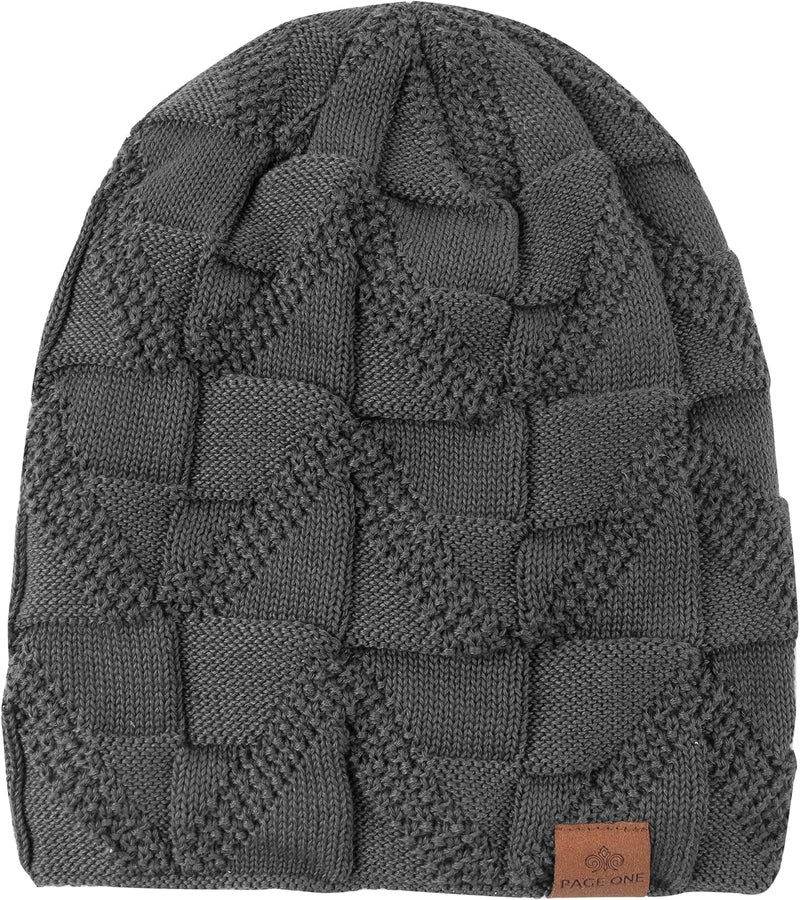 PAGE ONE Mens Winter Slouchy Beanie Warm Fleece Lined Skull Cap Baggy Cable Knit Hat - Image 2